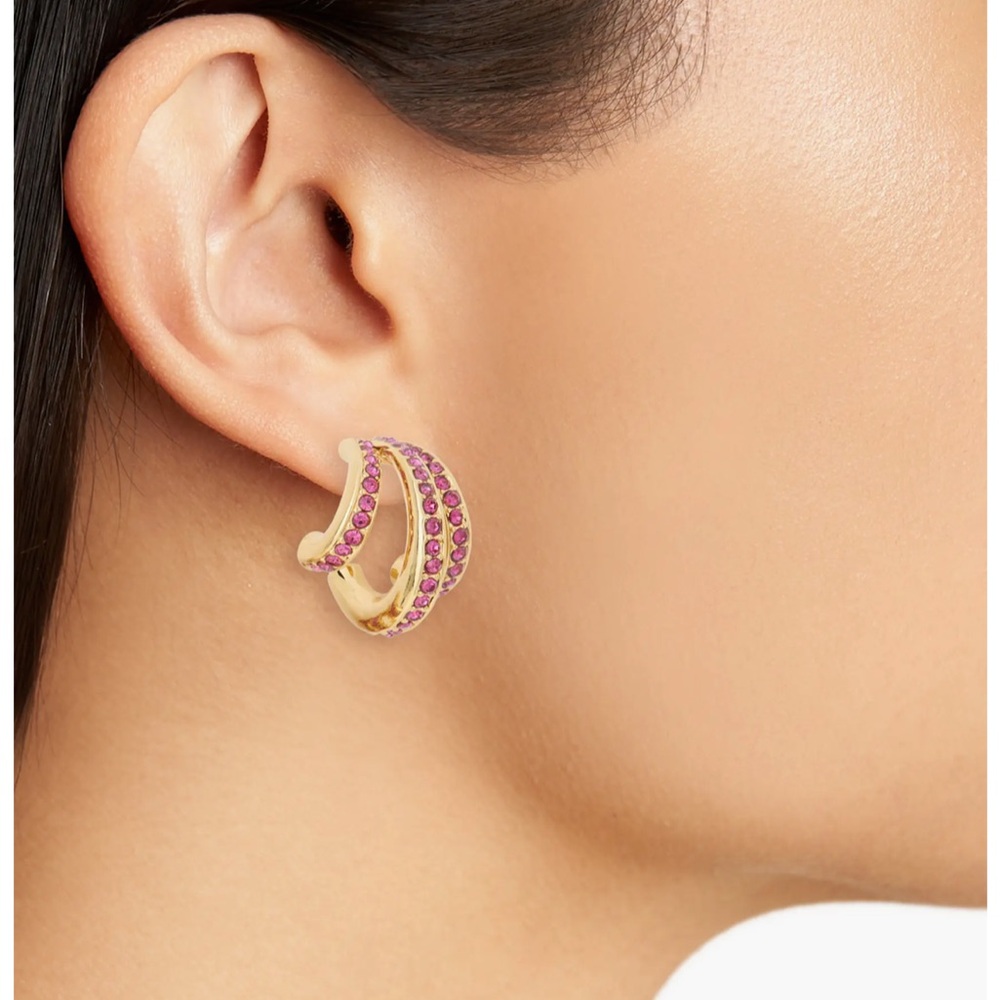 NEW KURT GEIGER Pavé Crystal Triple Huggie Hoop Earrings Gold Pink - Picture 2 of 9